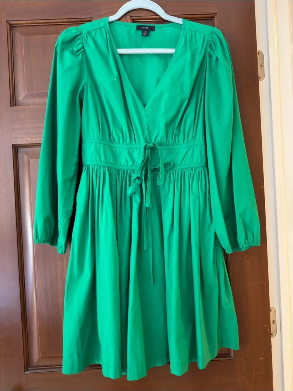 J. Crew Emerald Green V-Neck Tie-Waist Long Sleeve Midi Dress Size 4